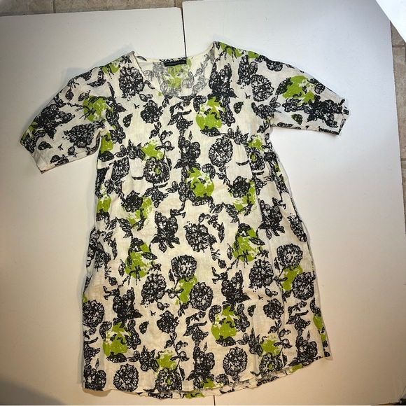 Snapdragon & Twig 100% Linen Orbit Green Cream Black Floral Oversized Dress XS - Picture 4 of 16